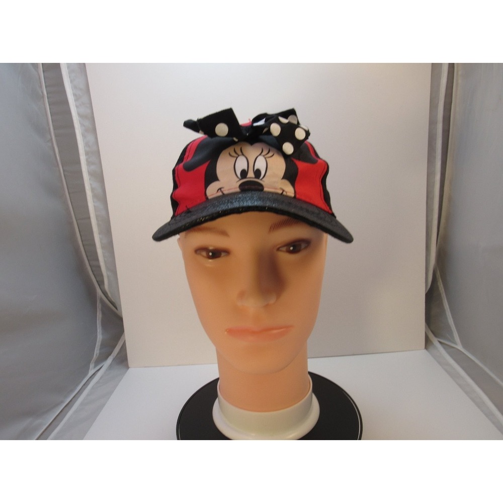 Disney Minnie Mouse Hat Baseball Cap Girls OSFM Black Red Glitter Polka Dot Bow